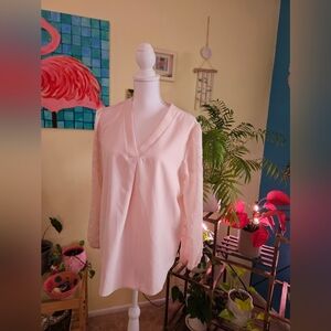 Light Pink V-Neck Blouse with Sheer Dot Sleeves